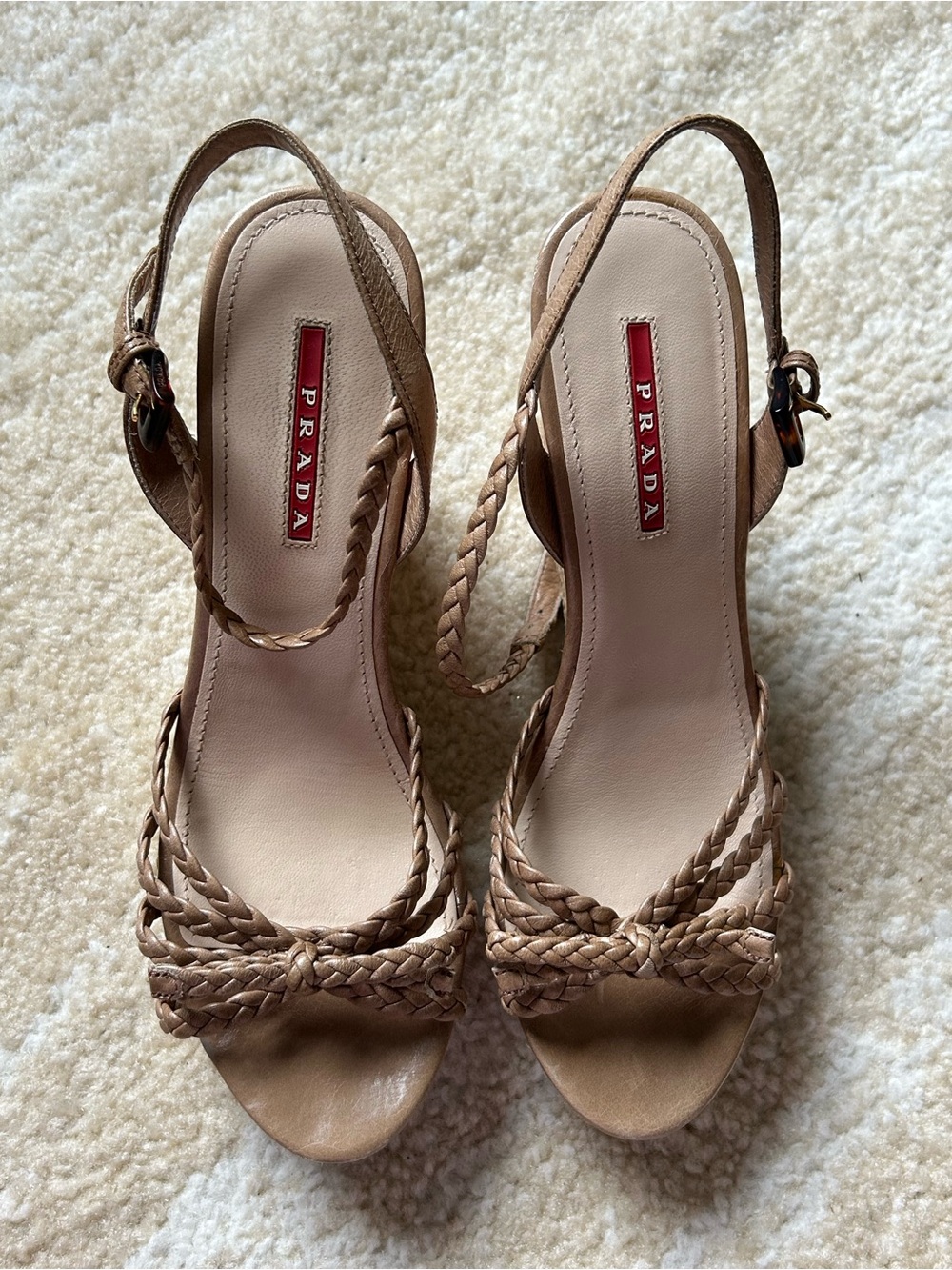Prada Nude Braided Cork Wedge Sandals 38